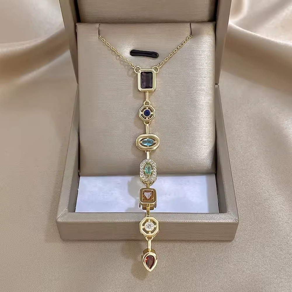 Multi-Gem Drop Pendant Necklace in Gold